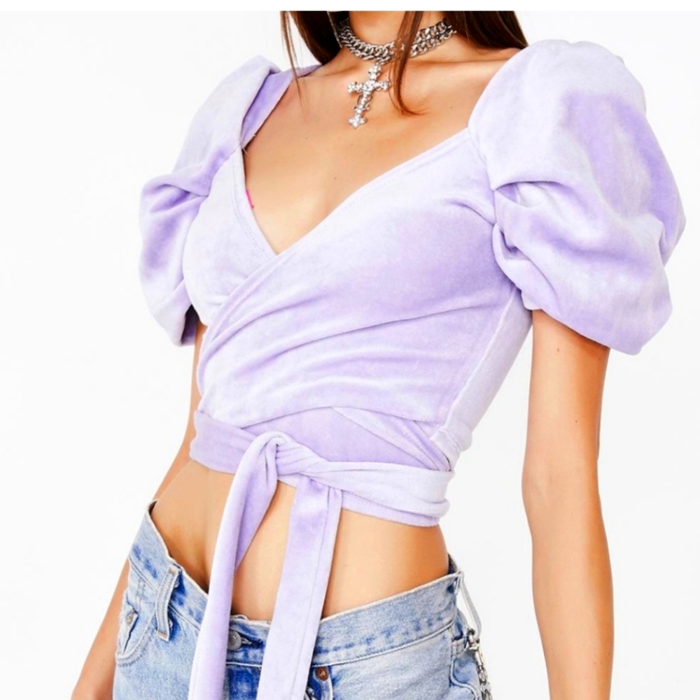 TACH Lavender Puff Sleeve Wrap Crop Top